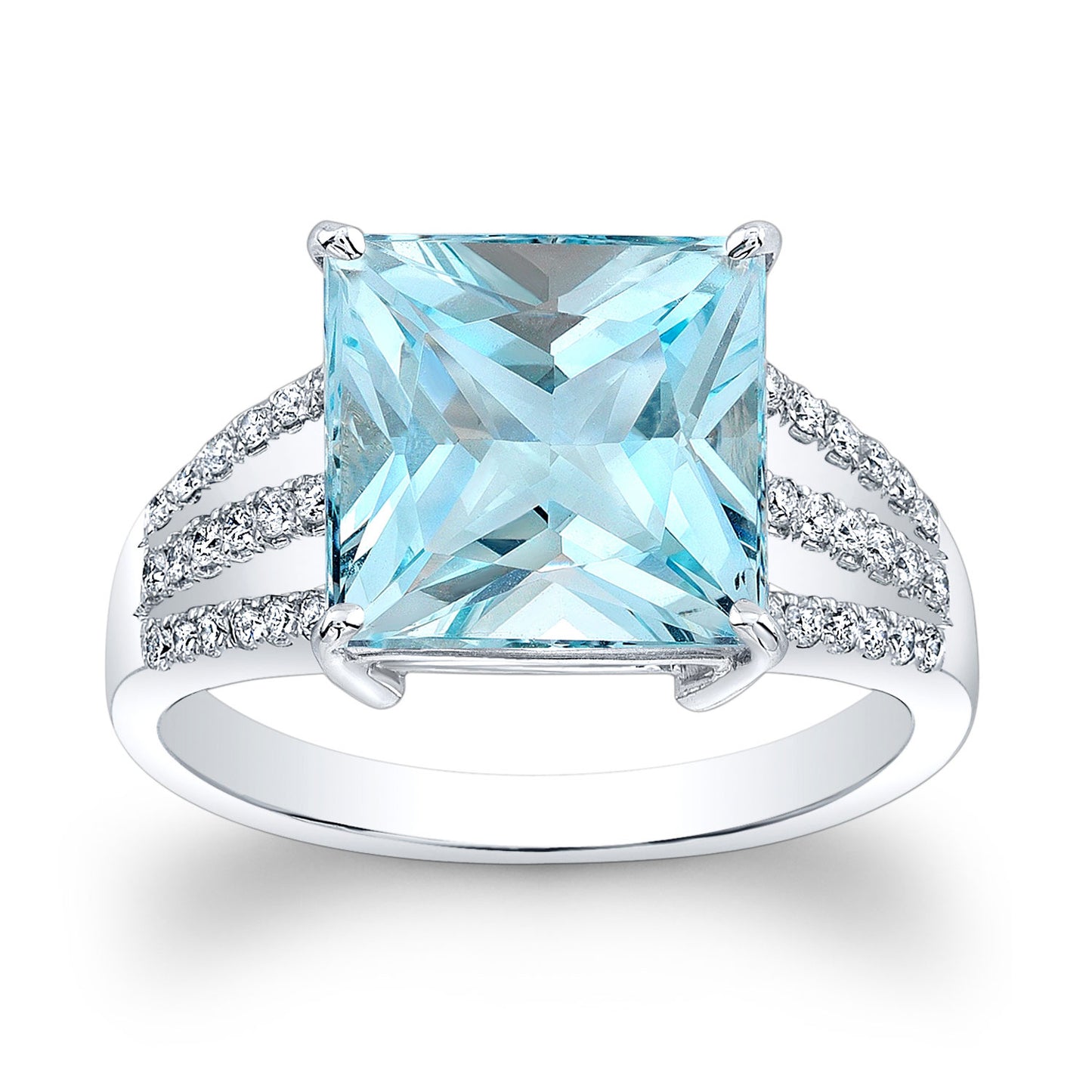 Aquamarine And Diamond Split Shank Ring In 18k White Gold