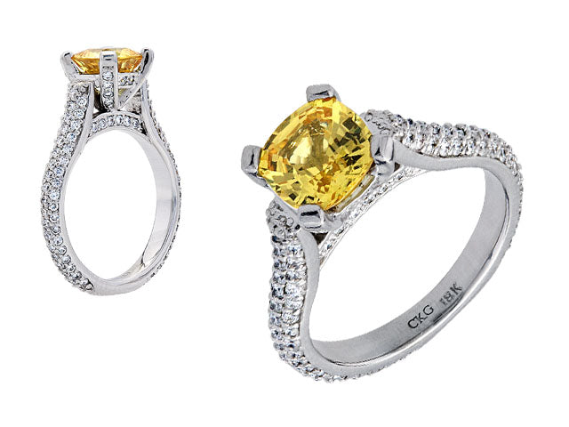 Yellow Sapphire 8mm Cushion And Diamond Ring 18k White Gold