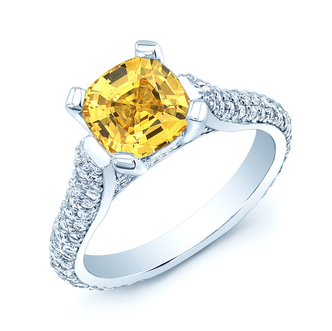 Yellow Sapphire And Diamond Glistened Pave Ring In 18k White Gold (size 5)