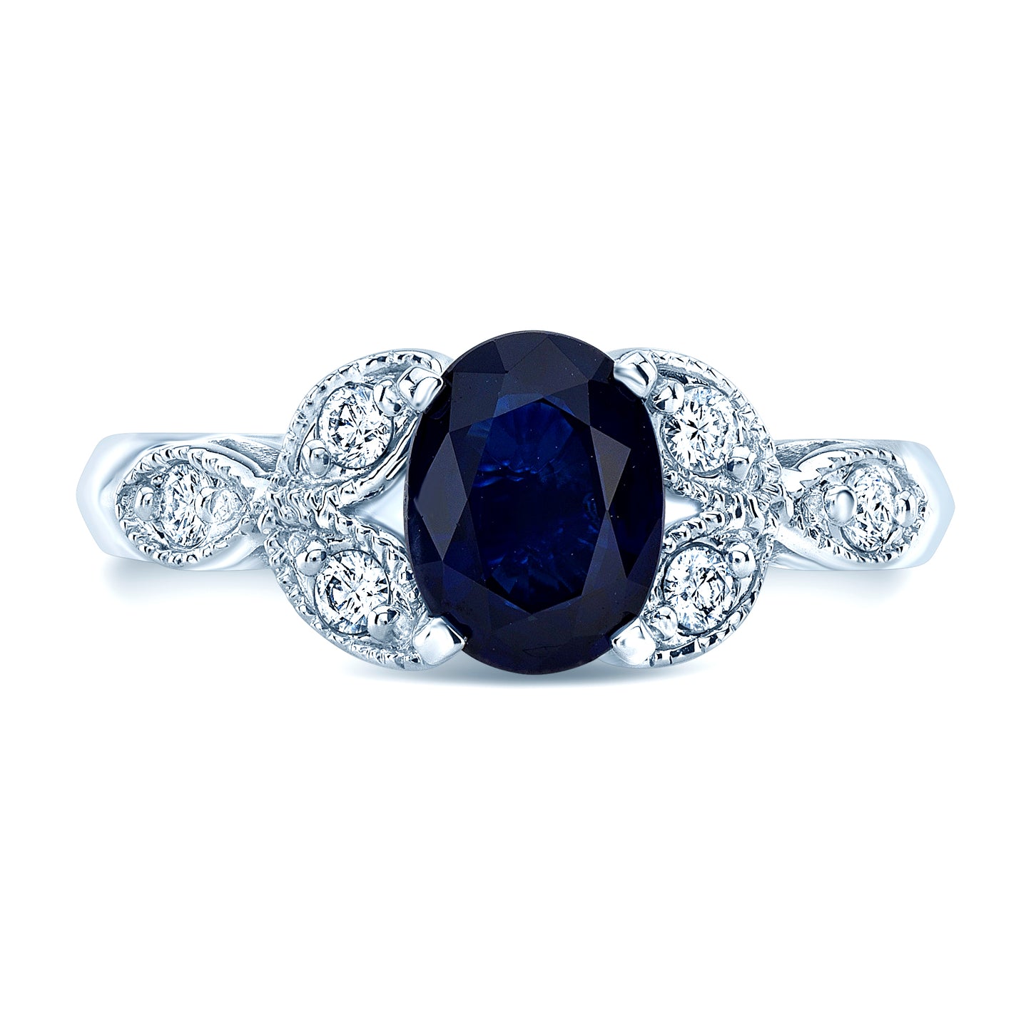 Sapphire And Diamond Leaf Shank Ring In 14k White Gold