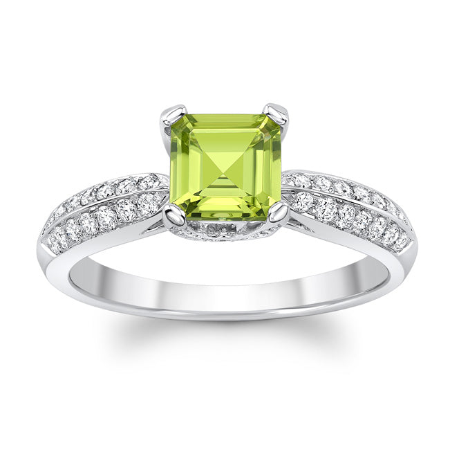 Peridot And Diamond Ring In 14k White Gold