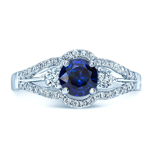 Round Blue Sapphire And Diamond Split Shank Halo Ring In 14k White Gold (hi/vs) (6mm)