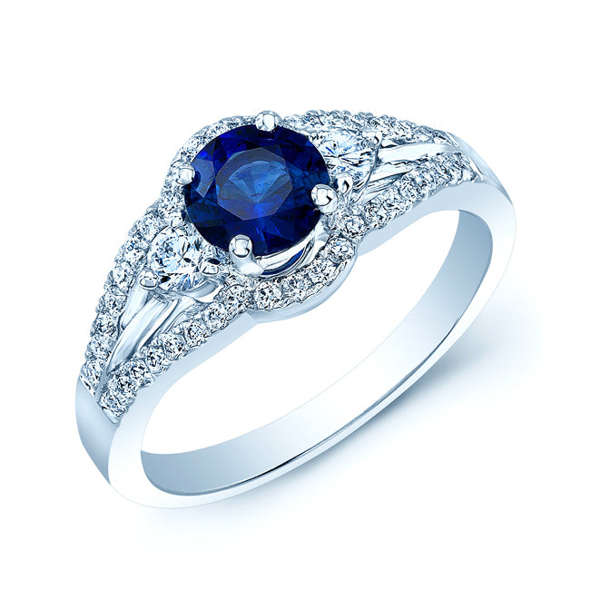 Round Blue Sapphire And Diamond Split Shank Halo Ring In 14k White Gold (hi/vs) (6mm)