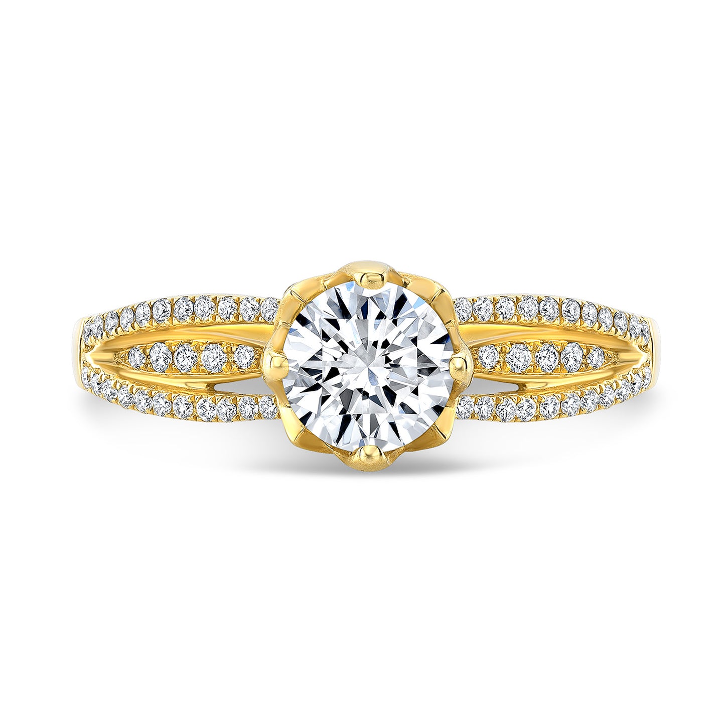 Diamond Lotus Head Split Shank Engagement Ring In 18k Yellow Gold