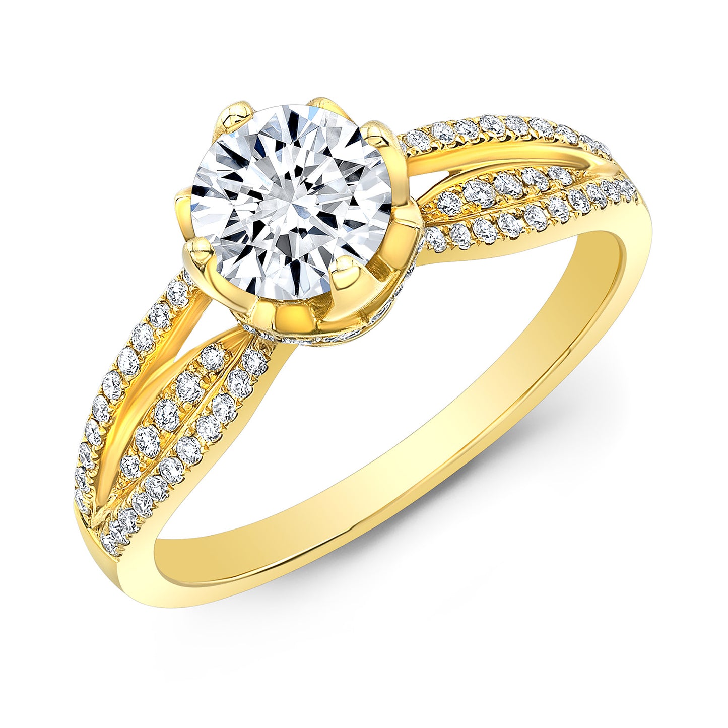Diamond Lotus Head Split Shank Engagement Ring In 18k Yellow Gold