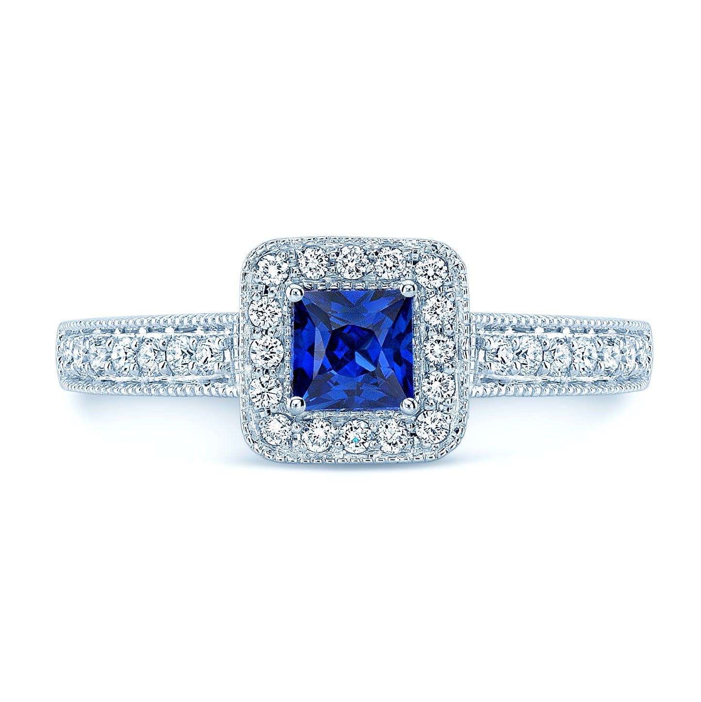 Square Blue Sapphire And Diamond Vintage Halo Ring In 14k White Gold (hi-si) (4mm)