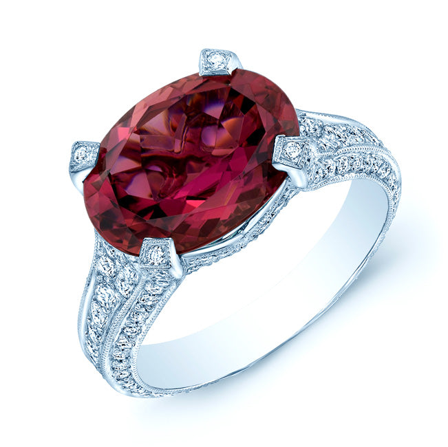 Pink Tourmaline Oval And Diamond Pave Ring In Platinum (1 1/8 Ct. Tw.)