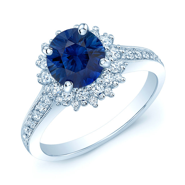 Round Blue Sapphire And Diamond Halo Ring In 14k White Gold (hi/vs) (7mm)