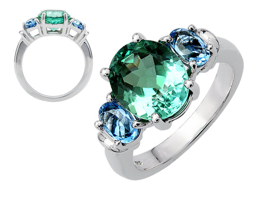 Green Tourmaline And Aquamarine 3 Stone Ring In 14k White Gold