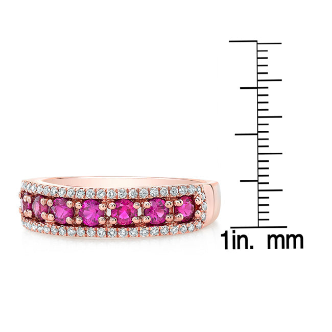 Ruby And Diamond Pave' Three Row Ring In 14k Rose Gold
