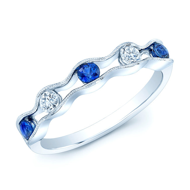 Floating Sapphire And Diamond Scallop Edge Band In 14k White Gold