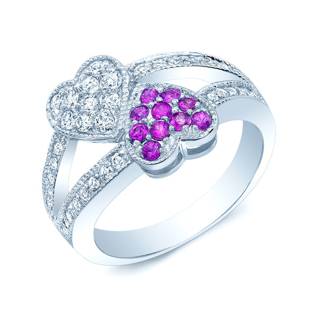 Pink Sapphire And Diamond Twin Heart Ring In 14 Karat White Gold