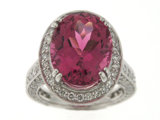 Pink Tourmaline Halo Ring With Diamonds In 18k White Gold