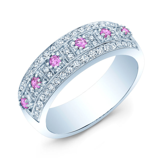 Pink Sapphire And Diamond Cube Section Band In 14k White Gold
