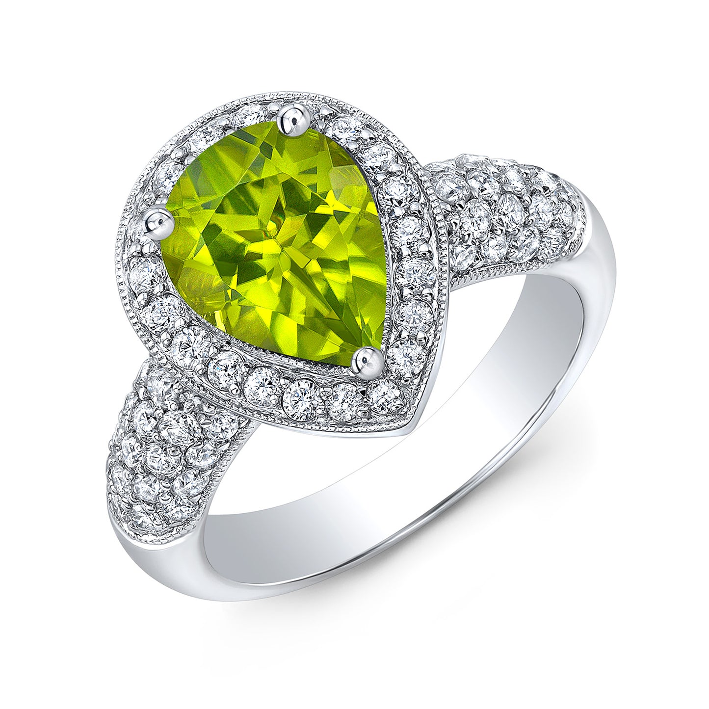 Peridot And Diamond Pear Shape Halo Ring In 18k White Gold
