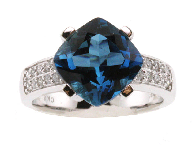 London Blue Topaz And Diamond Cushion Kite Ring In 14k White Gold 0.25ctw