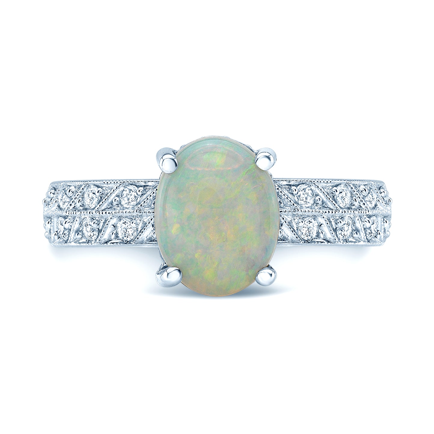 Opal And Diamond Oval Ring In 18k White Gold (3/8ctw)