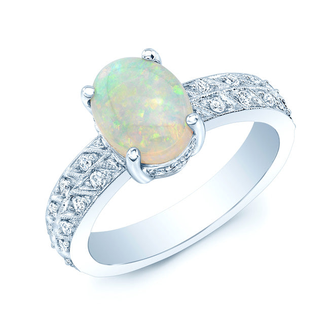 Opal And Diamond Oval Ring In 18k White Gold (3/8ctw)