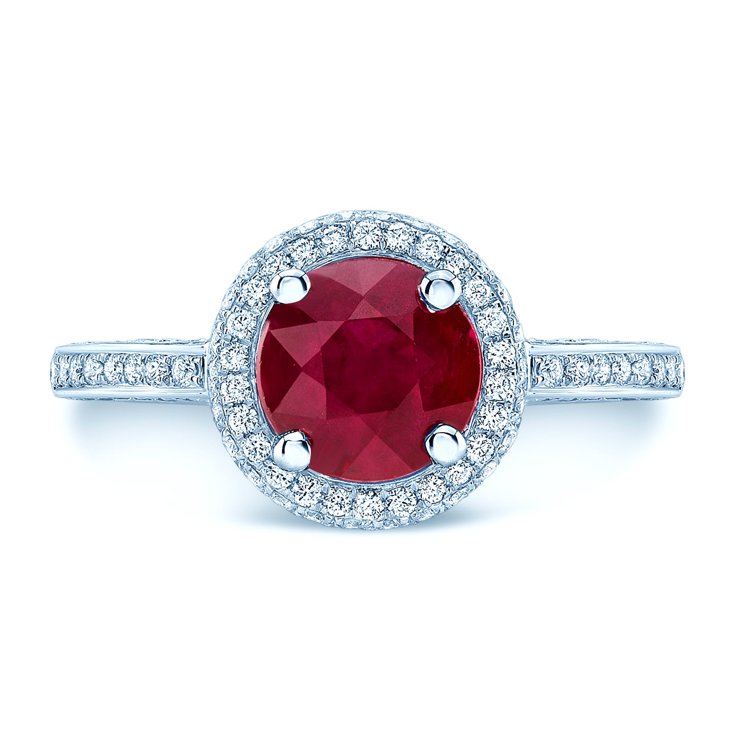 Ruby Round And Diamond Pave Ring 14k White Gold