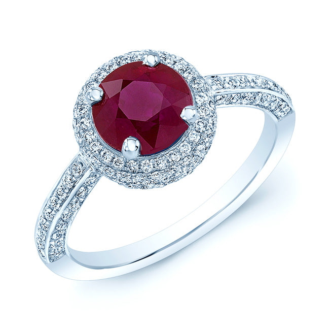 Ruby Round And Diamond Pave Ring 14k White Gold