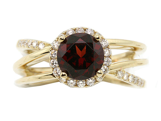 Garnet And Diamond Halo Bypass Ring In 14k Yellow Gold (sz 7.25)