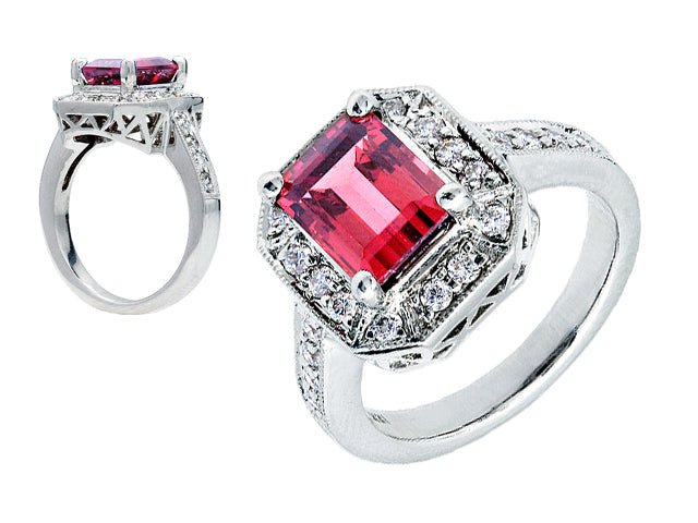 Pink Tourmaline & Diamond Pave Halo Ring In 18k White Gold