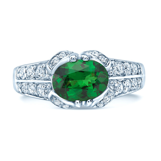 Tsavorite And Diamond Sideway Oval Double Row Shank Ring In 14k White Gold