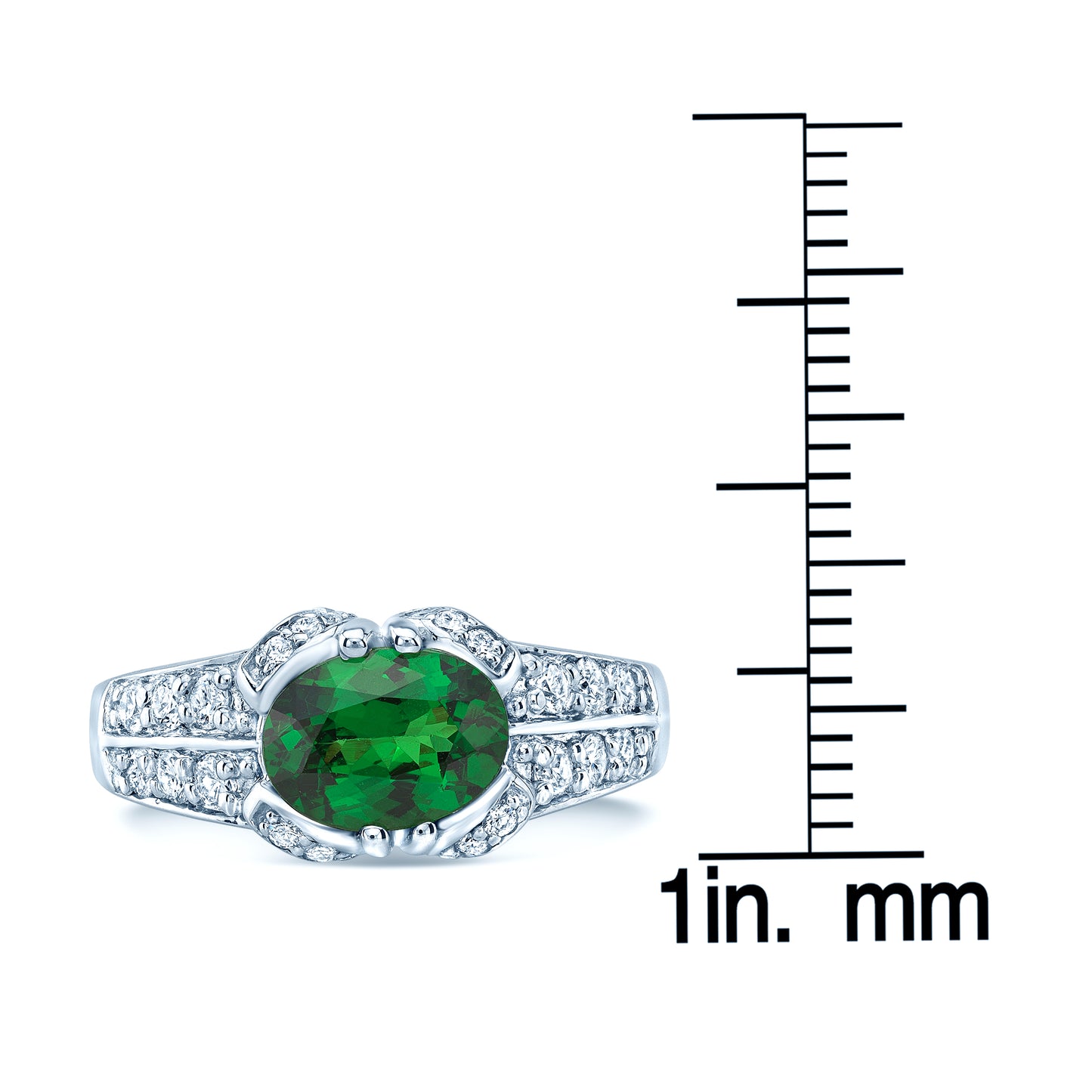 Tsavorite And Diamond Sideway Oval Double Row Shank Ring In 14k White Gold