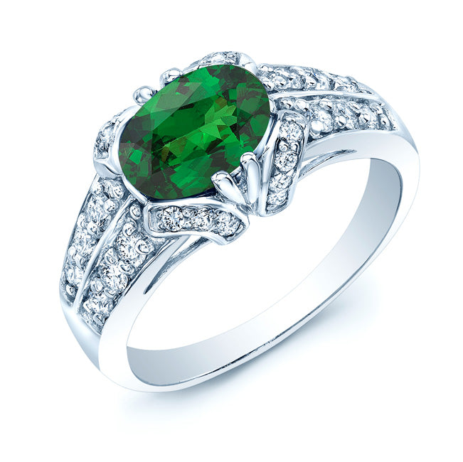 Tsavorite And Diamond Sideway Oval Double Row Shank Ring In 14k White Gold