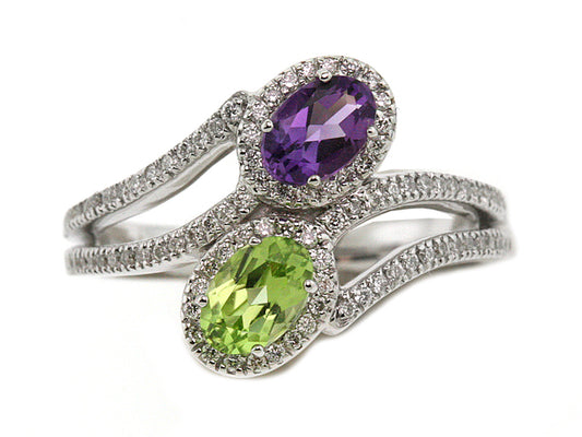 Peridot & Amethyst Oval Halo Duo Ring With Pave Split Shank In 14k White Gold (6x4mm)