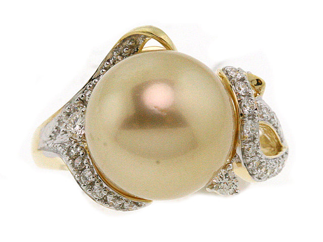 Golden South Sea Pearl And Diamond Ring In 18k Yellow Gold