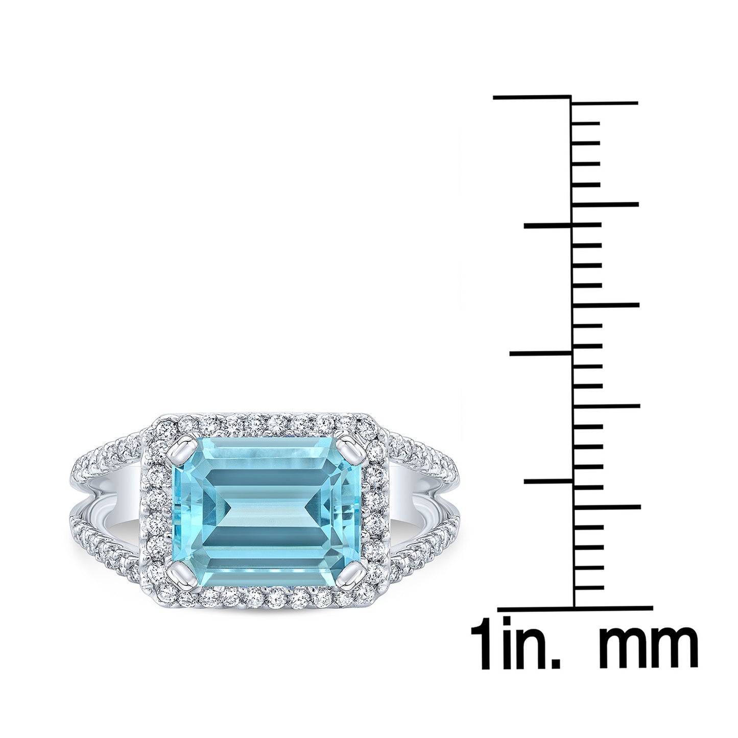 Aquamarine Octagon-cut And Diamond Halo Ring With Split Shank And East-west Setting In 18k White Gold