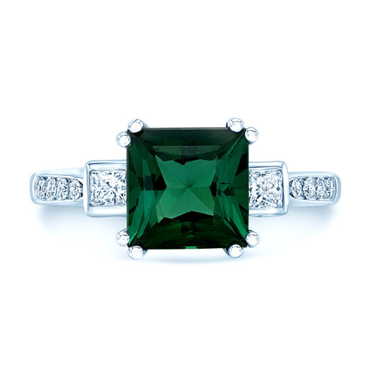 Green Tourmaline And Diamond Step Ring In 14k White Gold