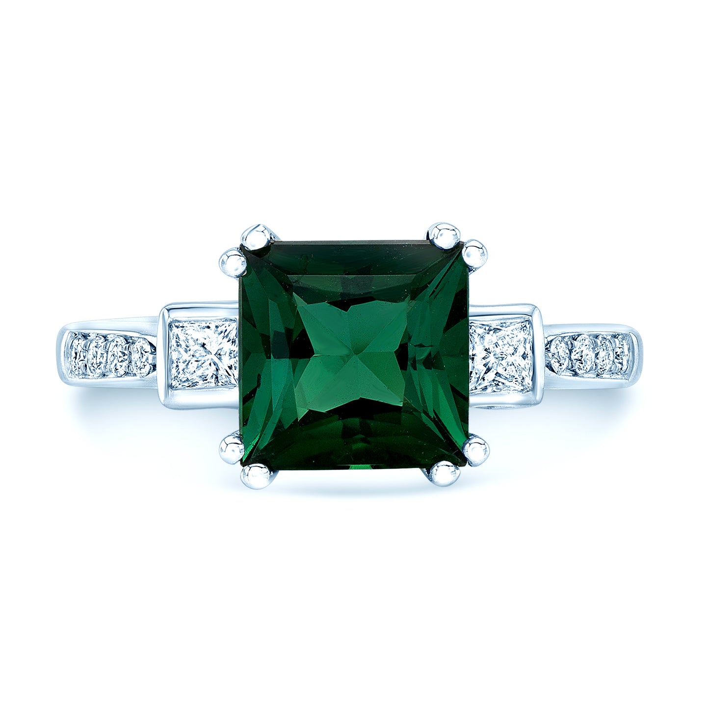 Green Tourmaline And Diamond Step Ring In 18k White Gold