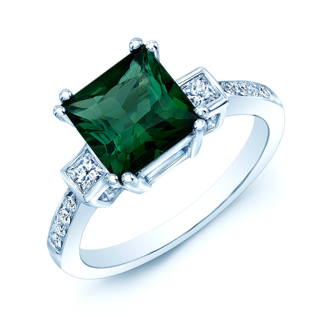 Green Tourmaline And Diamond Step Ring In 18k White Gold