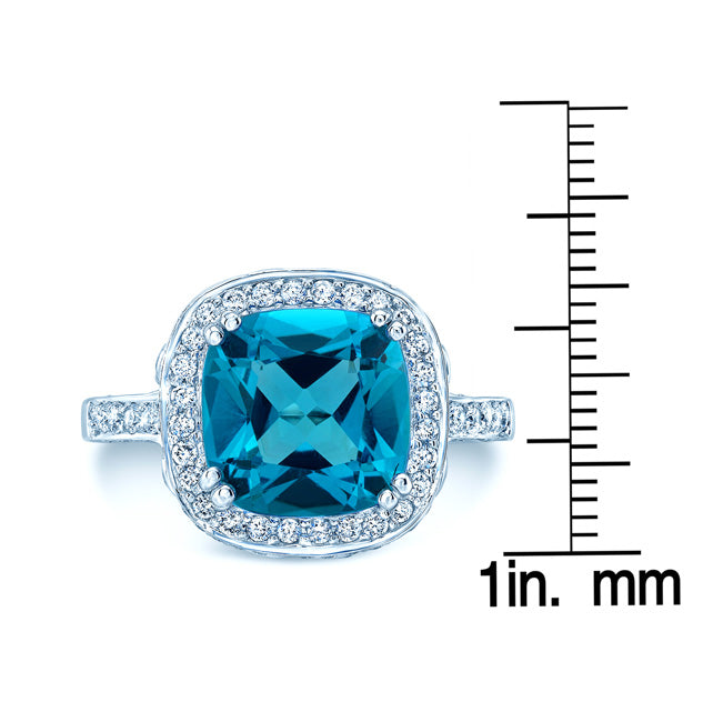 Swiss Blue Topaz Cushion Cut And Diamond Ring In 18k White Gold