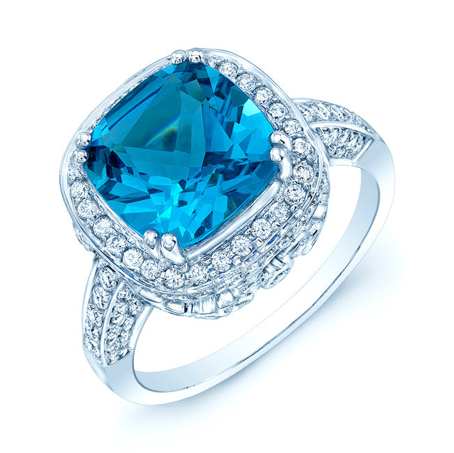 Swiss Blue Topaz Cushion Cut And Diamond Ring In 18k White Gold