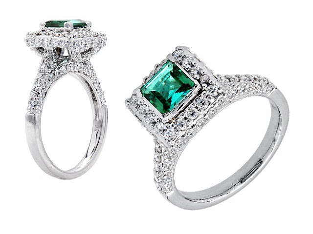 Green Tourmaline And Diamond Square Halo Ring In 18k White Gold
