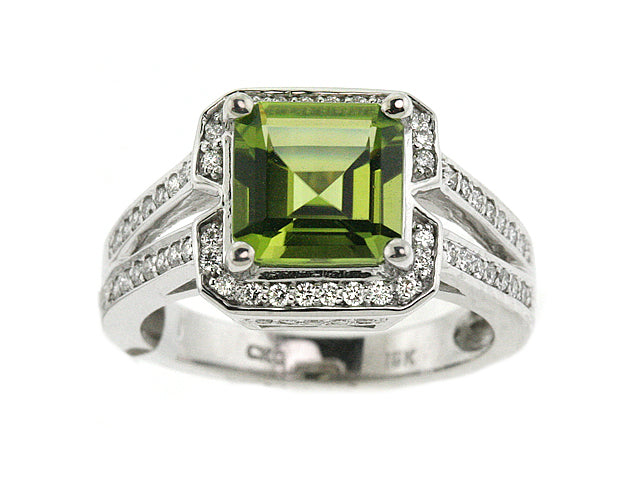 Peridot Emerald Cut And Diamond Ring In 18k White Gold (3/8 Ct. Tw.)