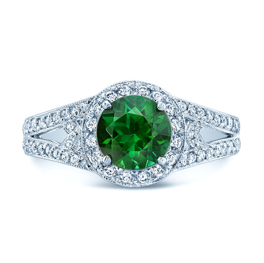 Green Tourmaline And Diamond Halo Split Shank Chevron Ring In Platinum