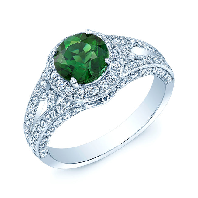 Green Tourmaline And Diamond Halo Split Shank Chevron Ring In Platinum