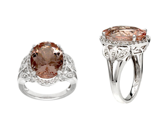 Morganite And Diamond Oval Halo Open Leaf Shank Cocktail Ring In 14k White Gold (size 5)