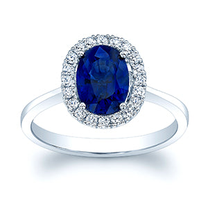 Sapphire And Diamond Halo Ring In 14k White Gold