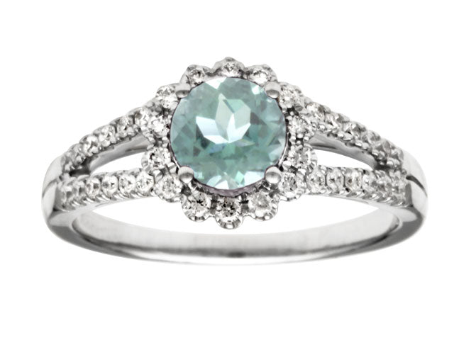 Aquamarine And Diamond Split Shank Flower Ring In 14k White Gold