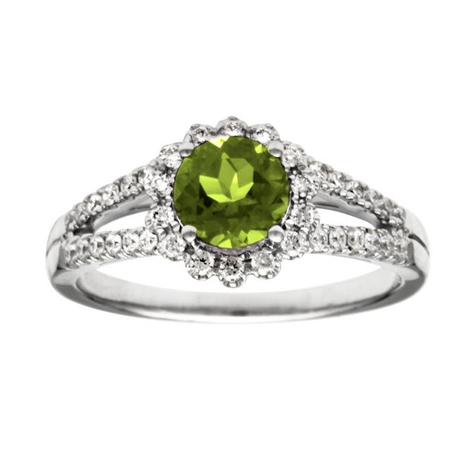 Peridot And Diamond Split Shank Flower Ring In 14k White Gold