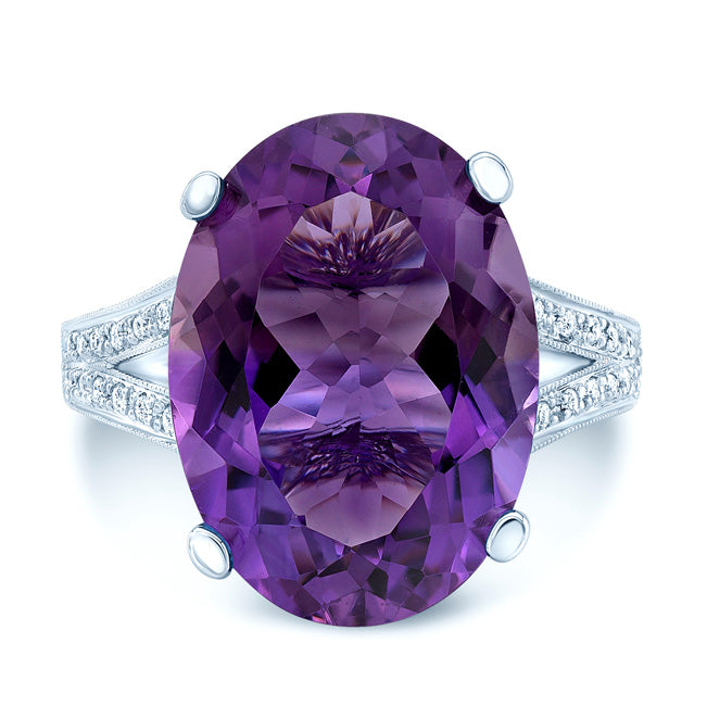 Amethyst And Diamond Bold Split Shank Ring In 14k White Gold (18x13mm Oval Center)