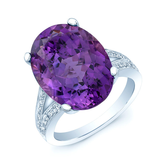 Amethyst And Diamond Bold Split Shank Ring In 14k White Gold (18x13mm Oval Center)