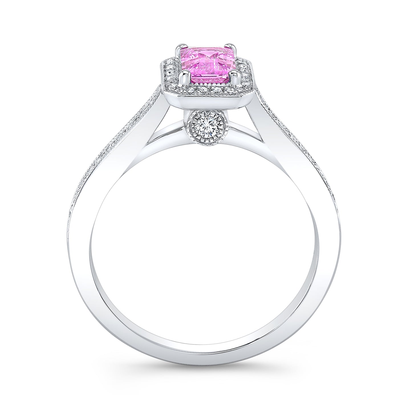 Pink Sapphire and Diamond Halo Ring in 14k White Gold 1/6ctw