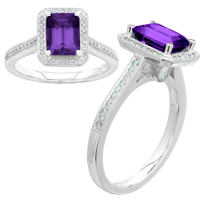 14k White Gold Emerald Cut Amethyst Halo Ring With Pave Diamonds