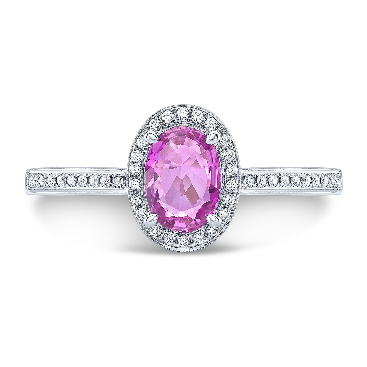 Pink Sapphire And Diamond Oval Halo Ring In 14k White Gold (7x5mm)